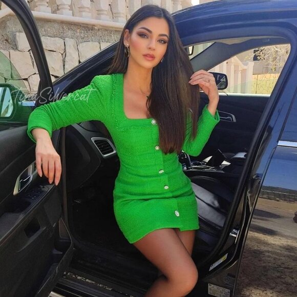 BLOGGERS FAVE! Zara Elegant Green Tweed Mini Dress With Jewel Buttons NWT - Picture 8 of 17